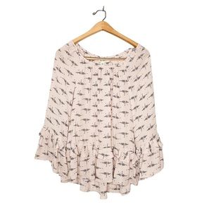 Ella Moon Whimsical Twee Bird Crane Print Ruffle‎ Long Sleeve Blouse Medium M